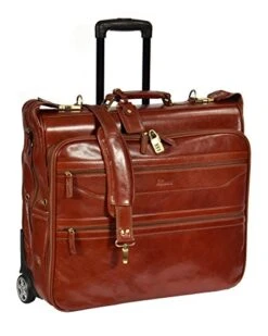 Real Leather Suit Garment Dress Carrier Travel Weekend Bag On Wheels A1236 Cognac