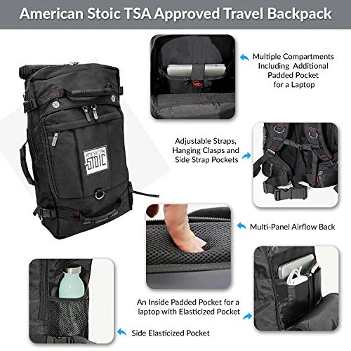 American Stoic Carry On Bag Black - 50L TSA Approved Weekender Bag – Convertible From 19” Laptop Backpack To Carryon Duffel Bag – 22x14x9 (43 Linear) Inches 4 American Stoic Carry On Bag Black - 50L TSA Approved Weekender Bag – Convertible From 19” Laptop Backpack To Carryon Duffel Bag – 22x14x9 (43 Linear) Inches - Image 4