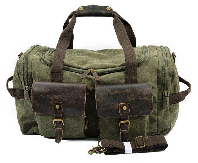 Man Vintage Military Travel Duffel Bag Multi-Pocket Canvas Overnight Bag Leather Weekend Carry On 4 Man Vintage Military Travel Duffel Bag Multi-Pocket Canvas Overnight Bag Leather Weekend Carry On - Image 4
