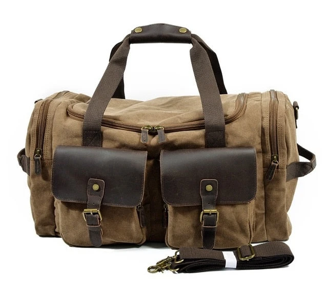 Man Vintage Military Travel Duffel Bag Multi-Pocket Canvas Overnight Bag Leather Weekend Carry On 3 Man Vintage Military Travel Duffel Bag Multi-Pocket Canvas Overnight Bag Leather Weekend Carry On - Image 3